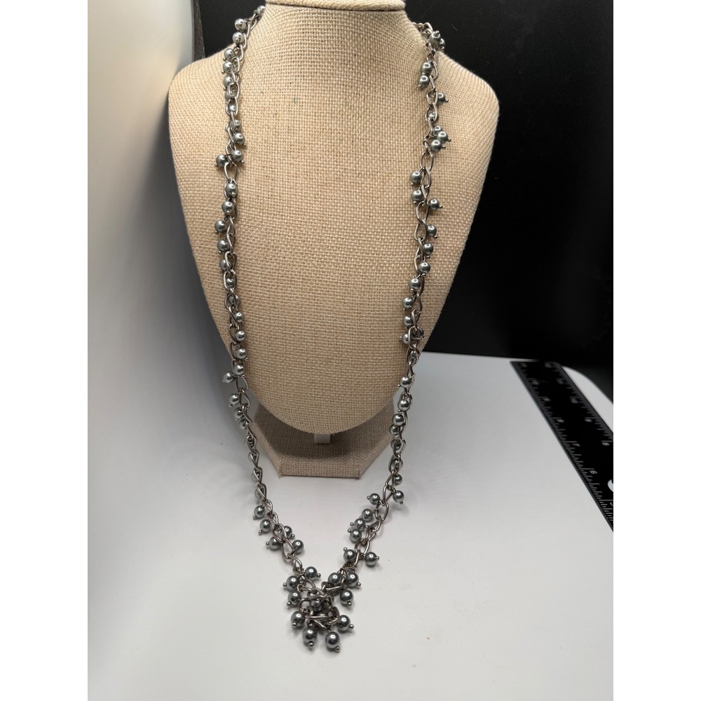 Grey Faux Pearl Long Chain Necklace Gunmetal Cluster Dangle Statement 32 Inch